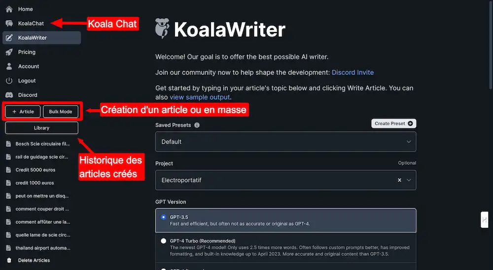 Koala writer - interface