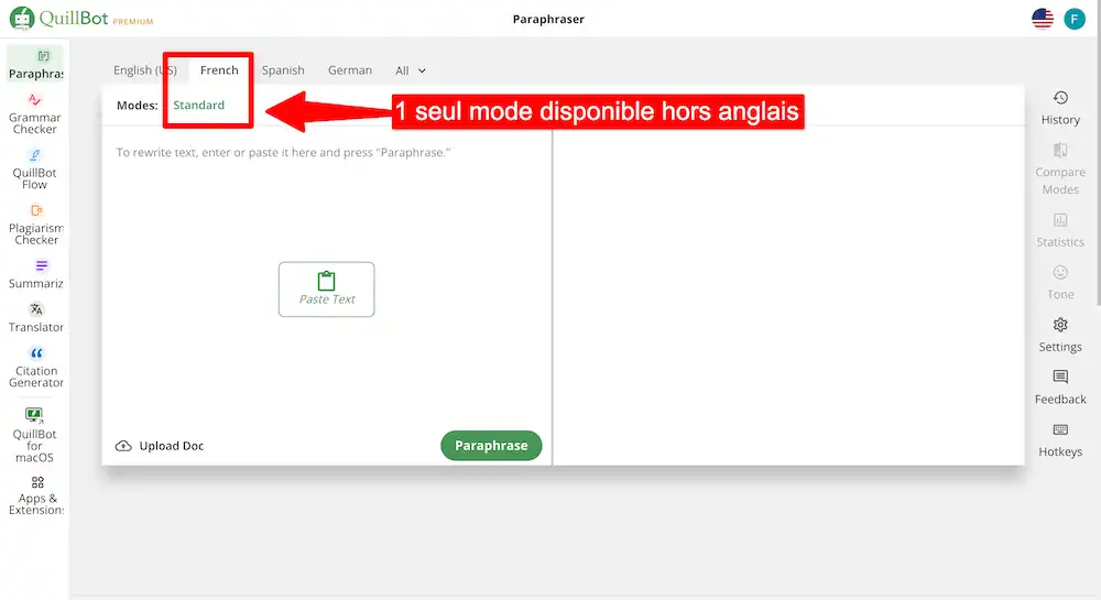 Quillbot - 1 mode disponible hors anglais